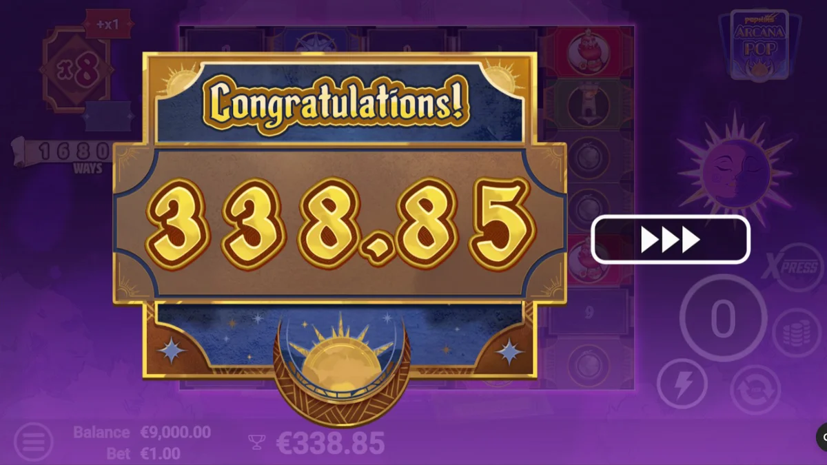Tampilan visual mesin slot Arcana Pop dengan tema tarot dan simbol mistis