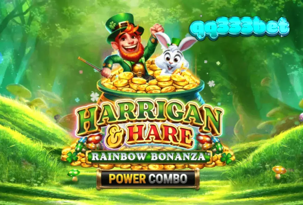 Tampilan visual slot Harrigan & Hare Rainbow Bonanza Power Combo dengan latar belakang bukit Irlandia.